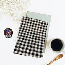 Load image into Gallery viewer, Black Gray Buffalo Check Padded Book &amp; Kindle Sleeve | Book Pocket | Protective Book Bag | Book Pouch | Bookish Nerd Gift
