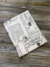 Load image into Gallery viewer, Black &amp; White Vintage Correspondence Calligraphy Fleece Padded Book Sleeve Bookish Nerd Gift  | Book Pocket | Book Pouch Kindle Accessory
