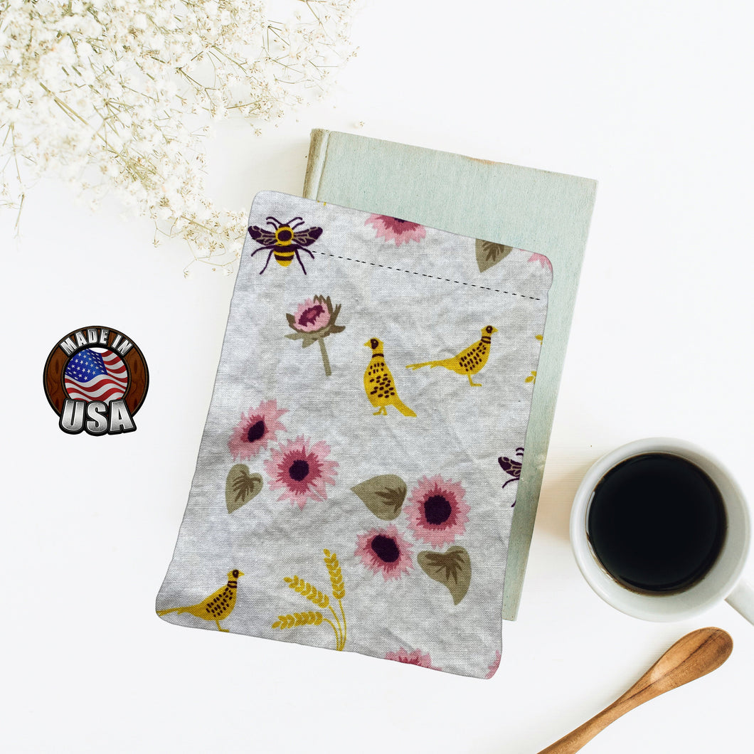 Bees Quails and Pink Flowers Book Nerd  Gift Fleece Padded Book Sleeve | Book Pocket | Protective Book Bag | Book Pouch