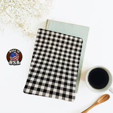 Load image into Gallery viewer, Black Gray Buffalo Check Padded Book Sleeve | BookGoodies | Book Pocket | Protective Book Bag | Book Pouch | Bookish Nerd Gift

