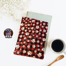 Load image into Gallery viewer, Black Red Pawprints Buffalo Check Padded Book Sleeve | BookGoodies | Book Pocket | Protective Book Bag | Book Pouch | Bookish Nerd Gift
