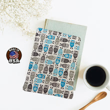 Load image into Gallery viewer, Cute Blue and Gray Owls Padded Book Sleeve | BookGoodies | Book Pocket | Protective Book Bag | Book Pouch | Bookish Nerd Gift
