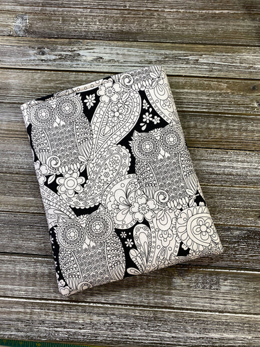 Mandala Owls Black & White Coloring Book Sleeve Cotton Padded Book Sleeve | BookGoodies | Book Pocket | Book Pouch | Bookish Nerd Gift