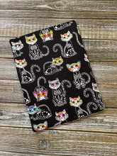 Load image into Gallery viewer, Cat Sugar Skulls on Black Book Nerd Gift Fleece Padded Book Sleeve | Book Pocket | Protective Book Bag | Book Pouch
