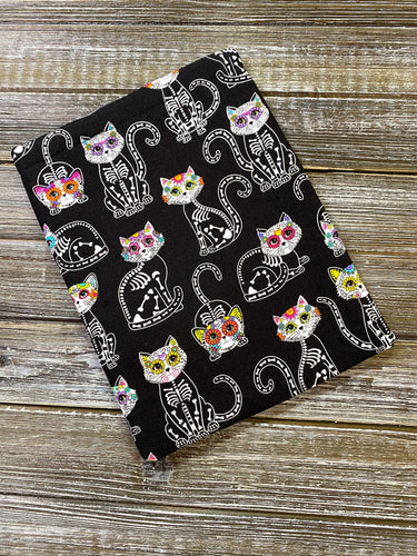 Cat Sugar Skulls on Black Book Nerd Gift Fleece Padded Book Sleeve | Book Pocket | Protective Book Bag | Book Pouch