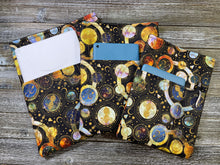 Load image into Gallery viewer, Celestial Planets Stars Cotton Fleece Padded Book Sleeve | BookGoodies | Book Pocket | Protective Book Bag | Book Pouch | Bookish Nerd Gift
