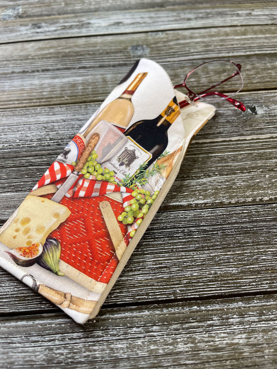 Eyeglass Case - Wine and Cheese Design - Great for Reading Glasses, Regular Glasses and Sunglasses