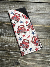 Load image into Gallery viewer, Soft Padded Eyeglass Case - Retro Red Pickup Trucks, Flags and Stars - Great for Reading Glasses, Regular Glasses and Sunglasses
